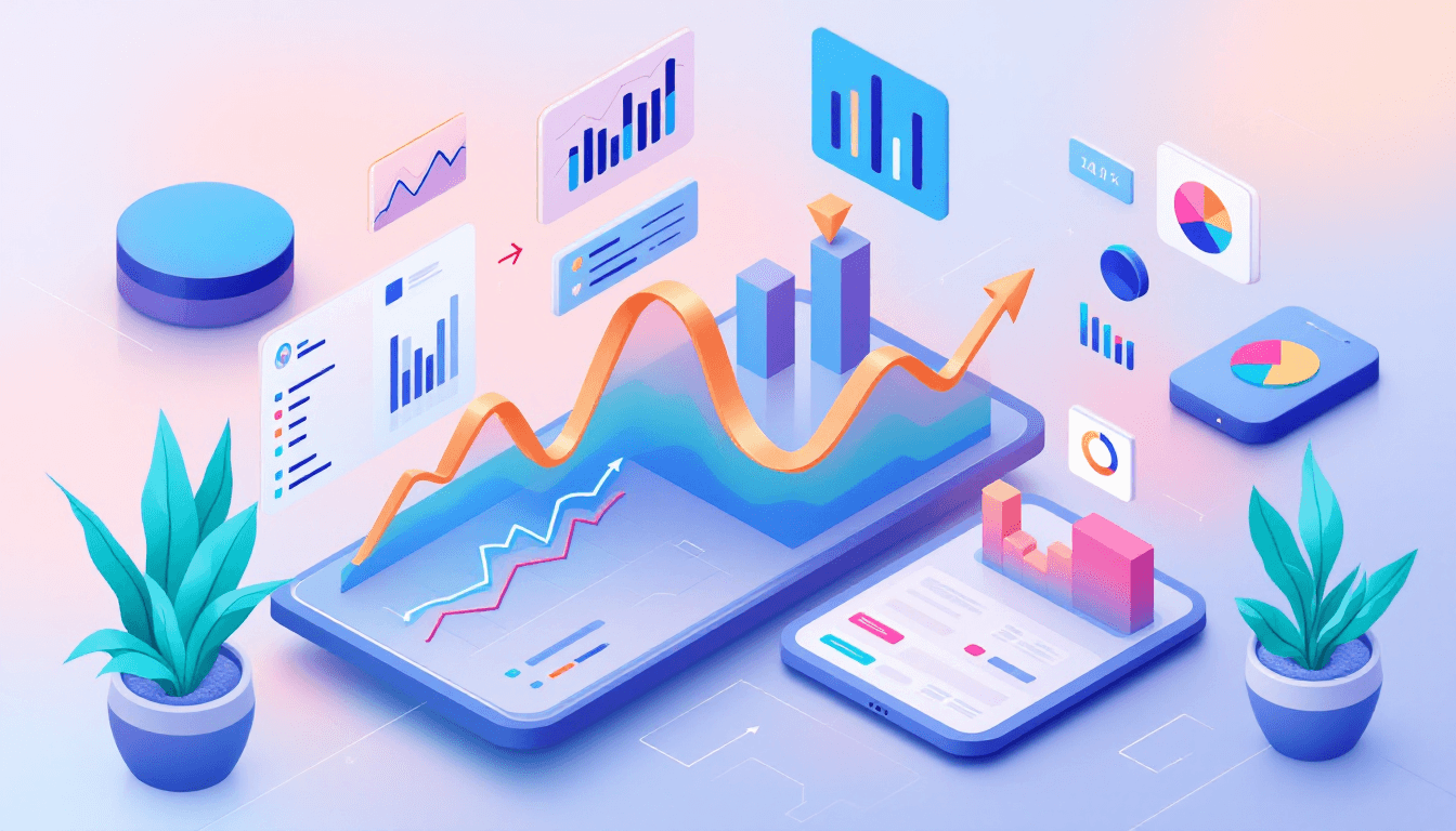 Digital dashboard with rising line graphs